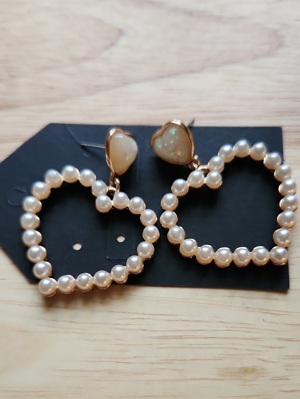Pearl Heart Drop Earrings with Opal Accent - White